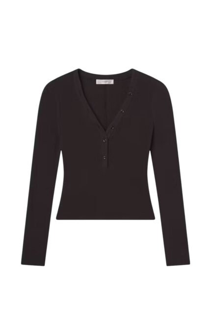 Slinky Long Sleeve Rib Henley - Chocolate Brown